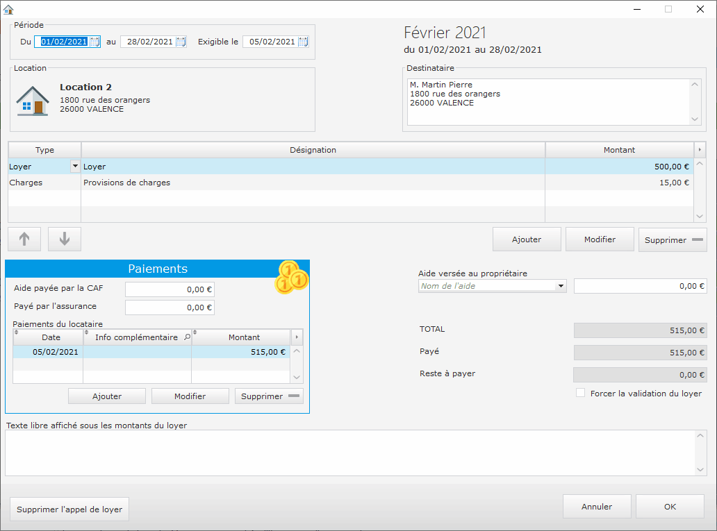 Détails d&apos;un appel de loyer