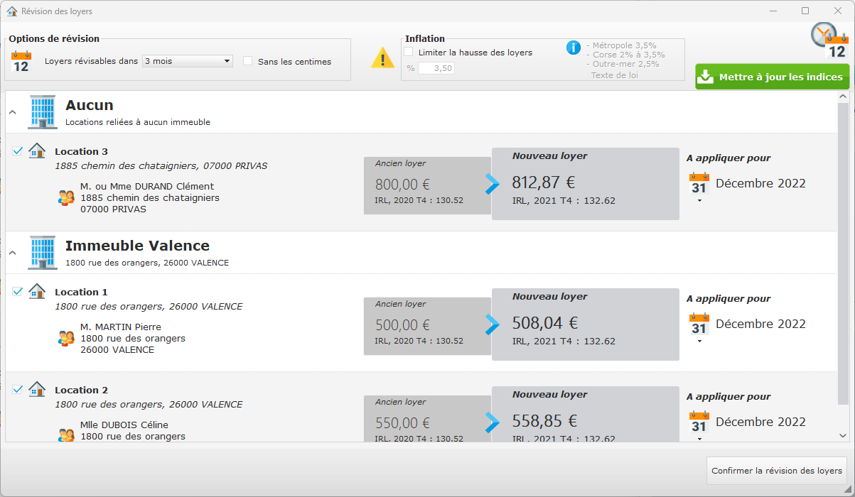 Liste des loyers révisables