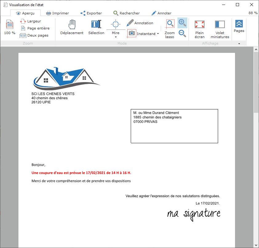 Exemple de courrier libre avec champs de fusion