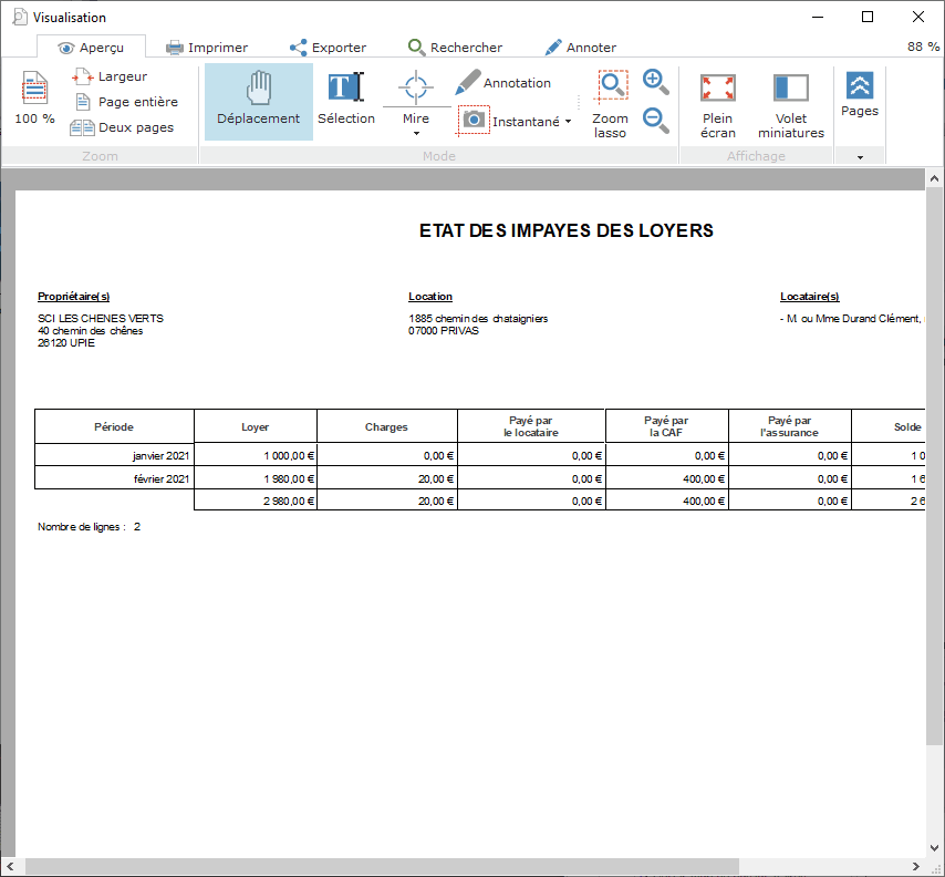 Exemple d&apos;état des impayés des loyers