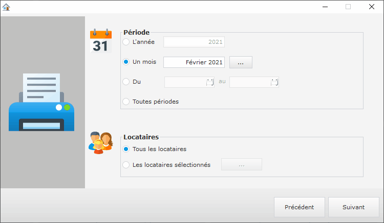 Sélection des locataires et de la période pour l&apos;impression des documents locatifs