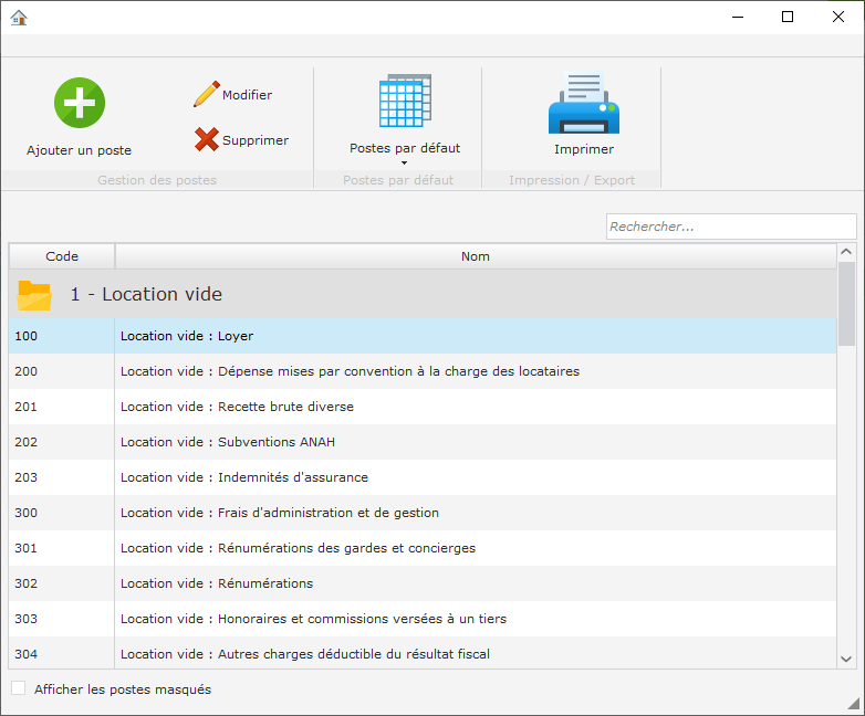 Liste du plan comptable de gestion locative