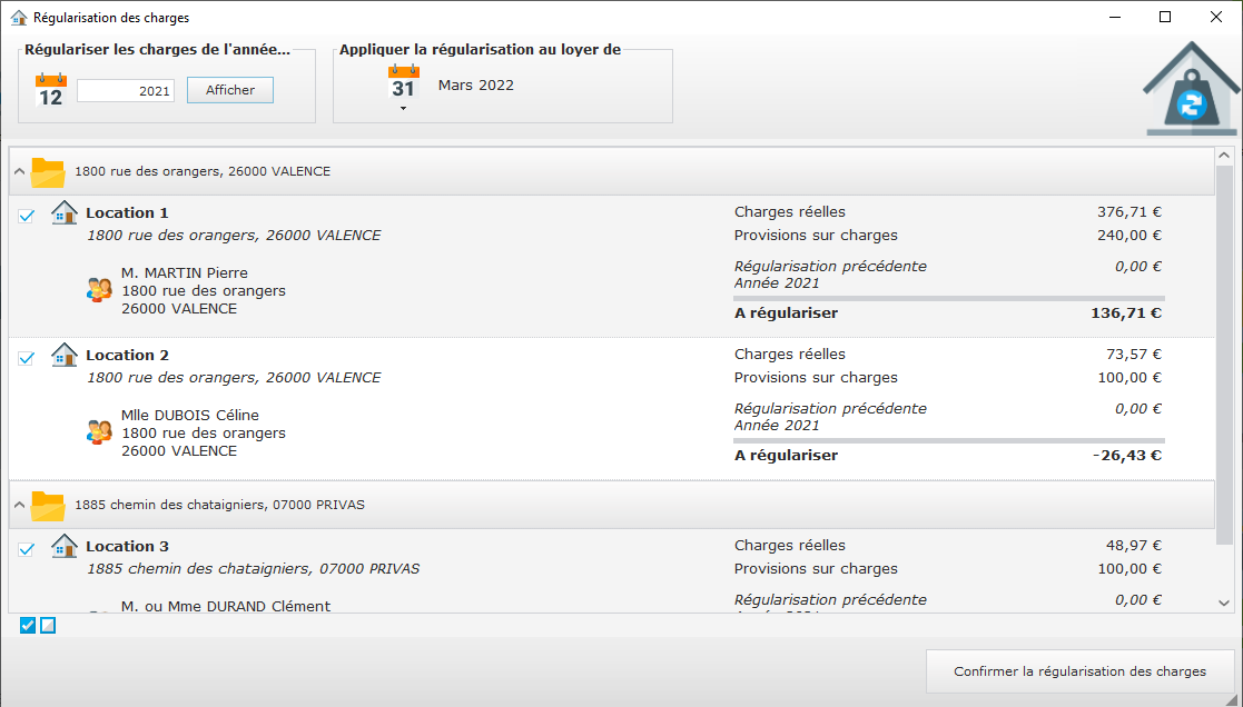 Calcul de la régularisation des charges locatives